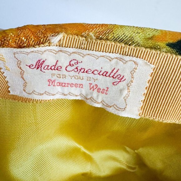 Vintage Custom Made Floral Orange Brown Gold Lurex Pill Box Hat M - Picture 8 of 11